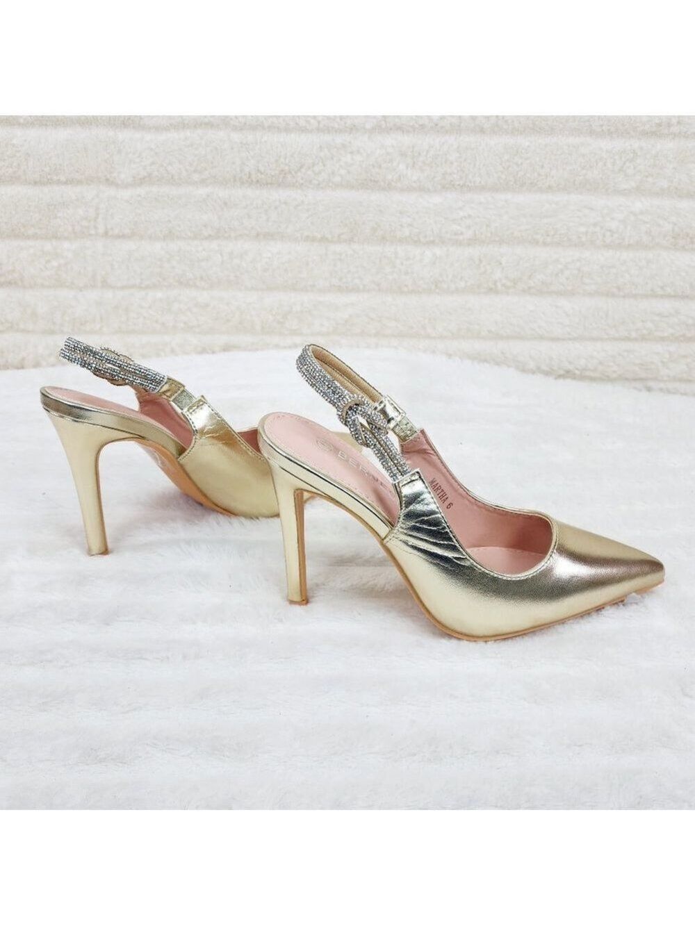 Mesmerized Gold High Heel Stiletto Sandals Knotted Rhinestone Sling back Strap